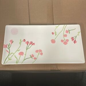 New ceramic hand painted pink flower rectangular platter decorative serving tray